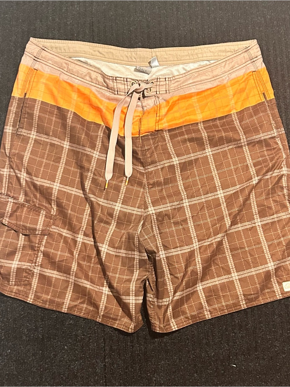 Quiksilver Brown Plaid Swim Board Shorts with Orange Waistband